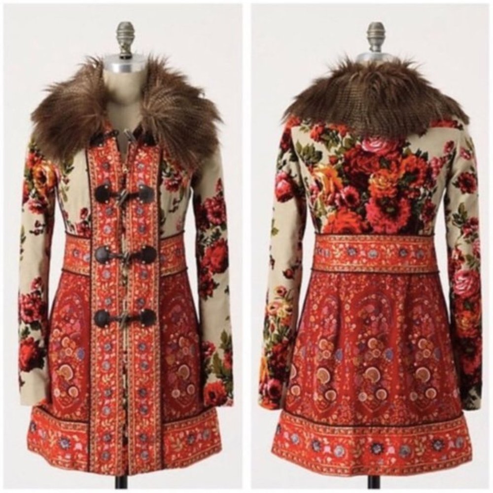 Karelia Anthropologie Elevenses RARE Coat Fur 6 - Red Embroidered